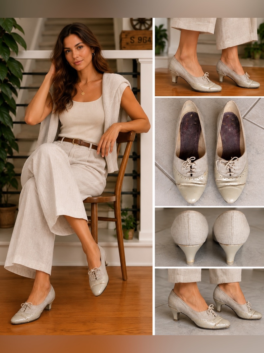 Vintage 1940s/1950s Ivory Linen & Leather Spectator Lace-Up Kitten Heels